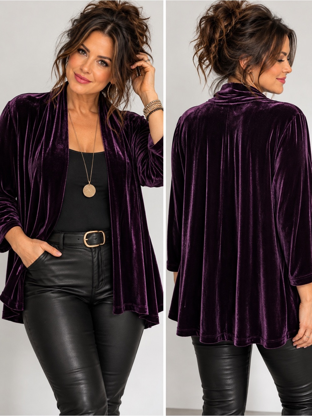 Vintage Jessica Plus Plum Purple Velvet Open Front Jacket Shoulder Pads
